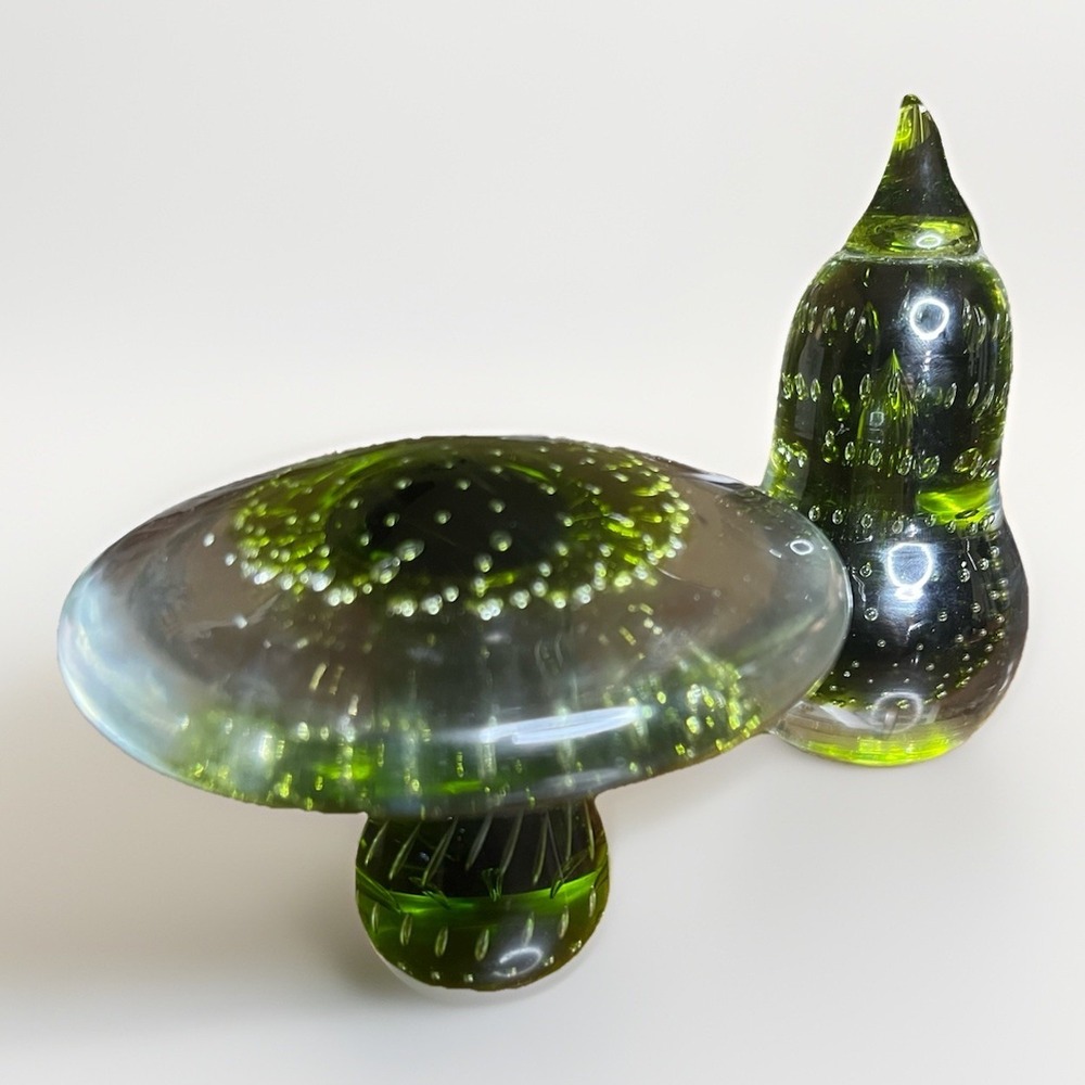 Green Glass Mushroom + Pear Paperweight MCM Heavy‎ Controlled Bubbles VTG